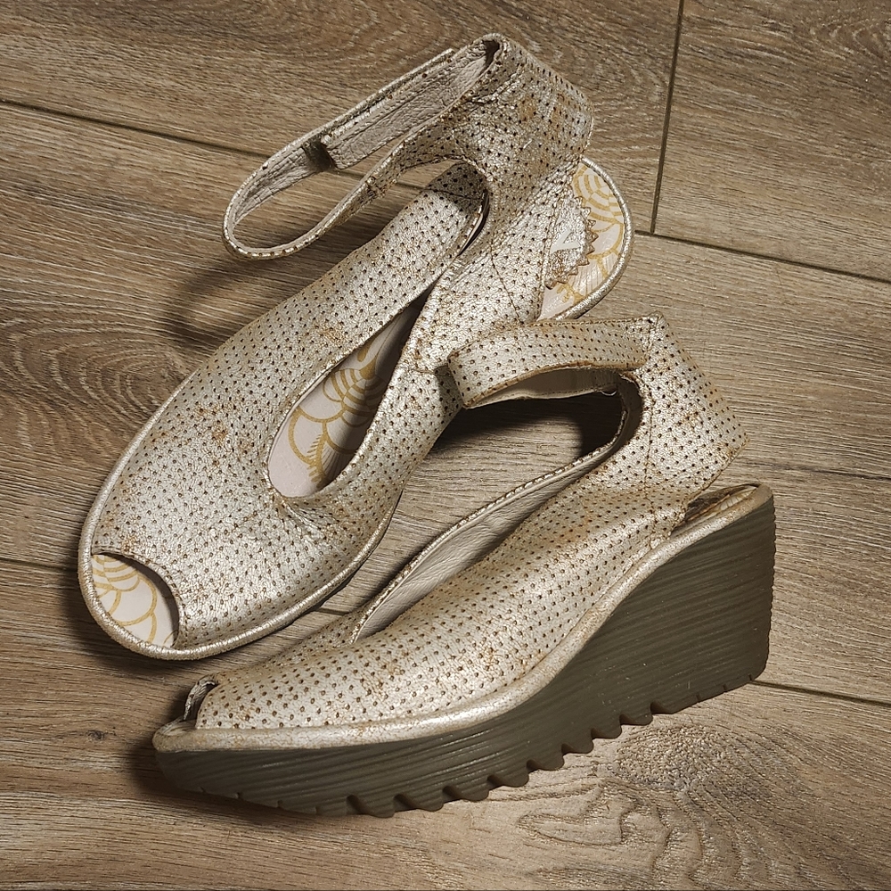 Fly London Yala Metallic Pearl Gold Peep-Toe Wedge Sandals